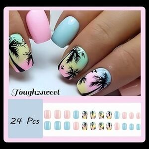 🆕$8 OR 2 FOR $12~PINK & BLUE SUMMER BEACH COCONUT TREE 24 DESIGNER PRESS NAILS